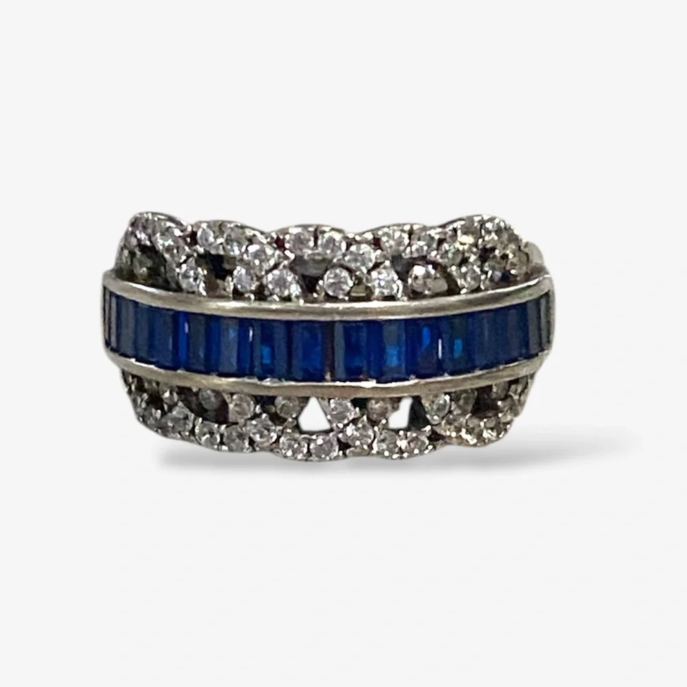 18K White Gold Plated Lab Blue Sapphire & 1/4 TCW Diamond Filigree Ring Sz 7